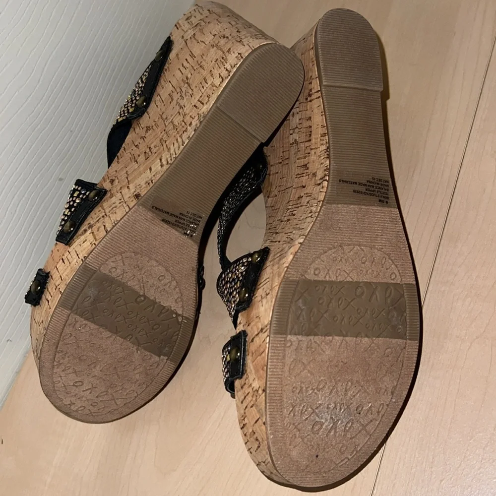 XOXO Black Gold Stud Strap Cork Wedge Slide Sandals NWOT
